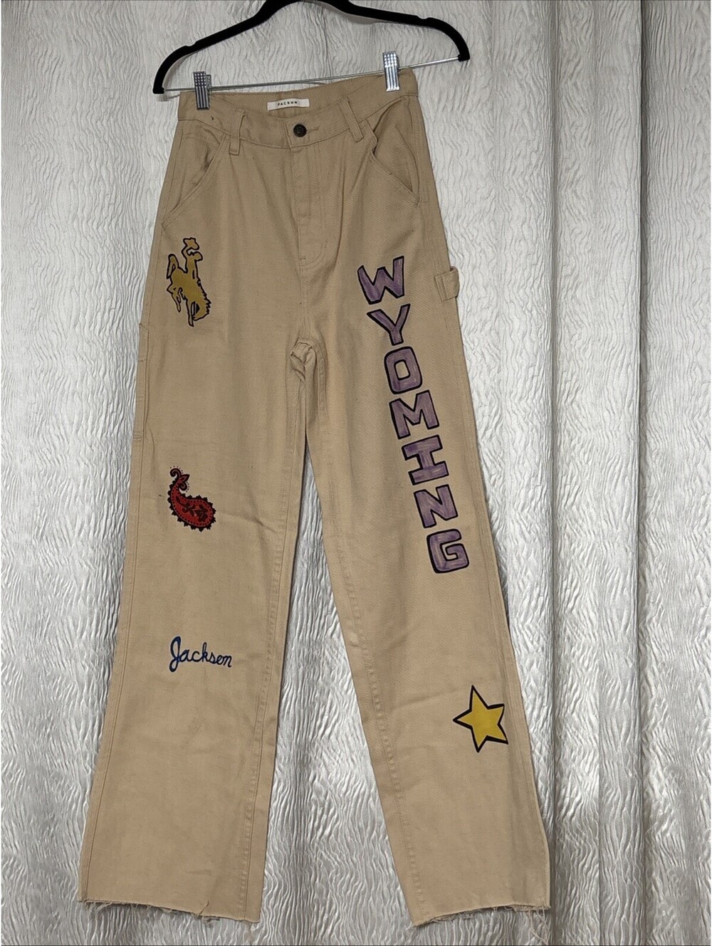 PacSun Wyoming Cowgirl Graphic Beige Wide Leg Carpenter Pants Womens Size 26